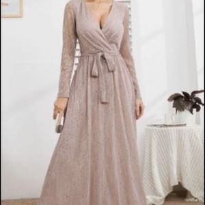 Glitter Surplice Plunging Belted Maxi Prom Dress